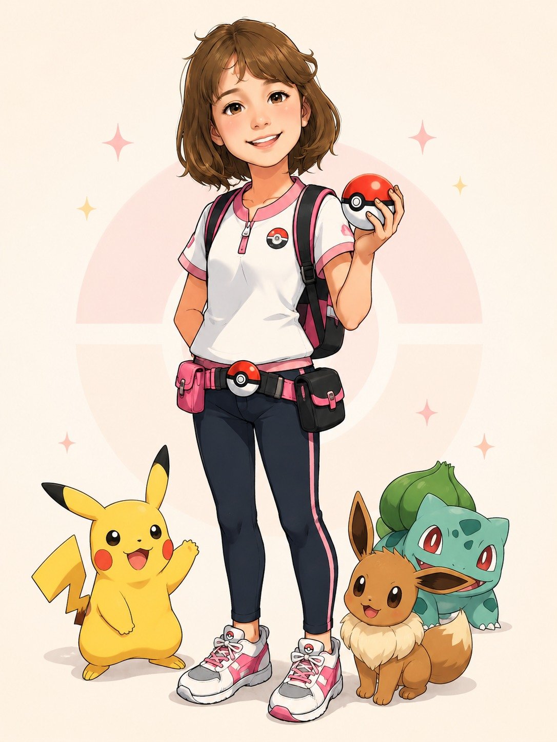 Lívia vestida de treinadora Pokémon, segurando uma Pokébola, ao lado de Pikachu, Eevee e Bulbasaur